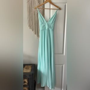 Floor Length, Baby Blue, Deep V-Neck, Pleated Dress
